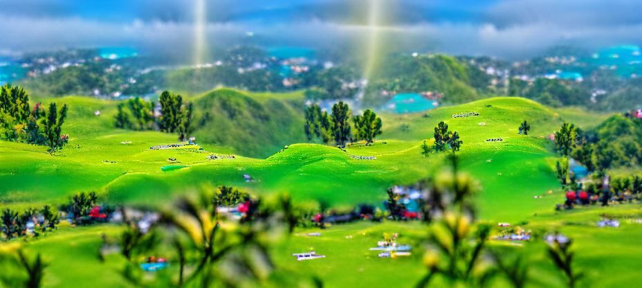 Sunlit Green Hills Landscape in Bokeh Style