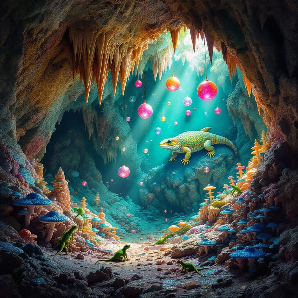Vibrant Reptile Cave with Glowing Spheres as Graffiti Art