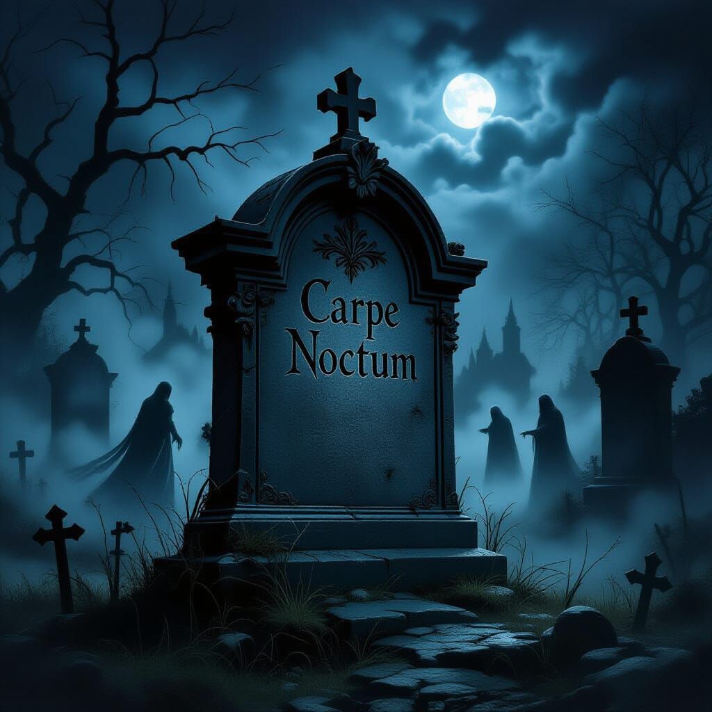 Gothic Graveyard Tombstone With Spectral Figures