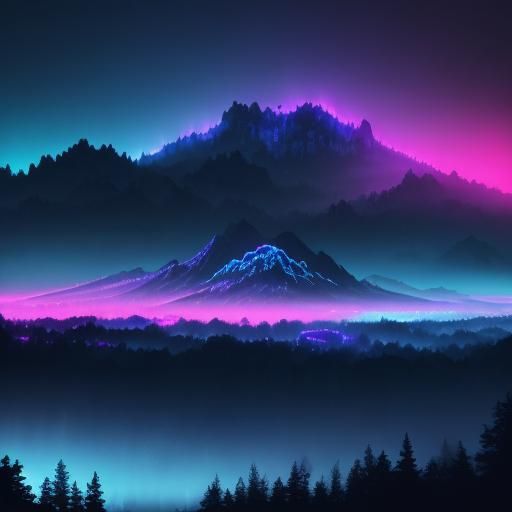 Neon Noir Landscape with Ink Splashes in Synthwave Style