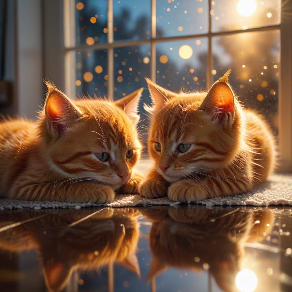 Kittens Sleeping in Glass Heart, Oil Painting Style