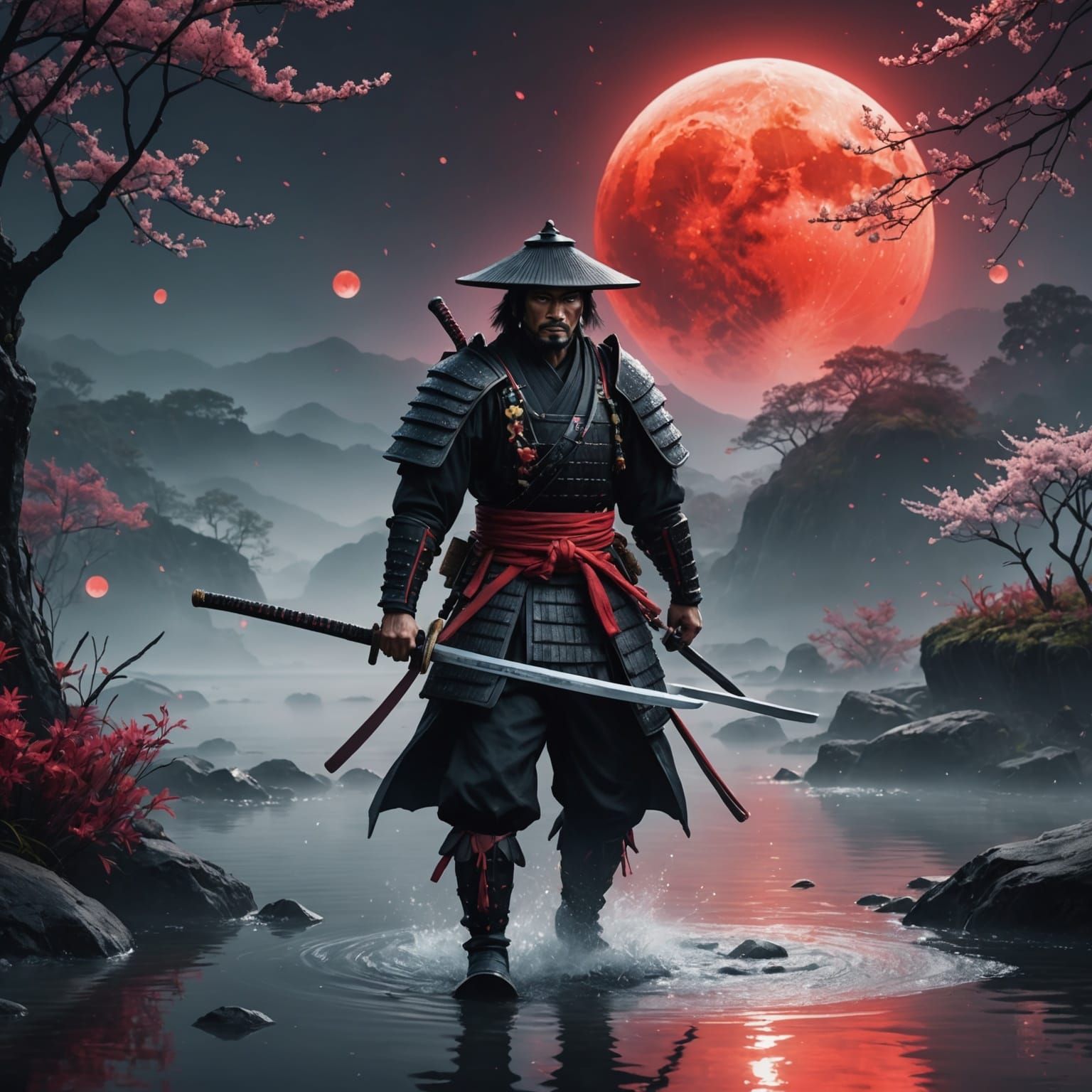 Samurai Silhouette Under Red Moon