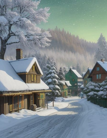 Whimsical Snow-Dusted Village in Eerie Green Light