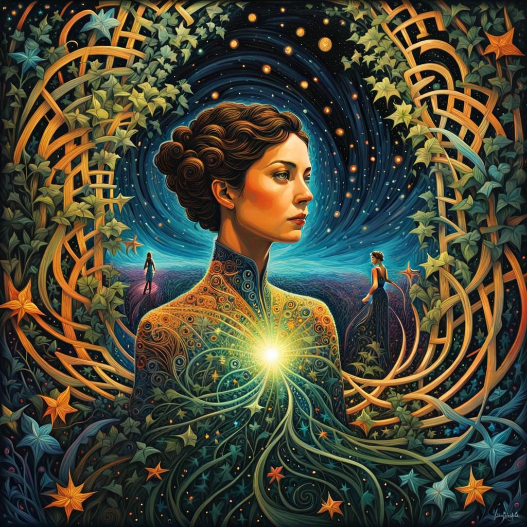 Bioluminescent Maze Wanderer in Iridescent Ink Style