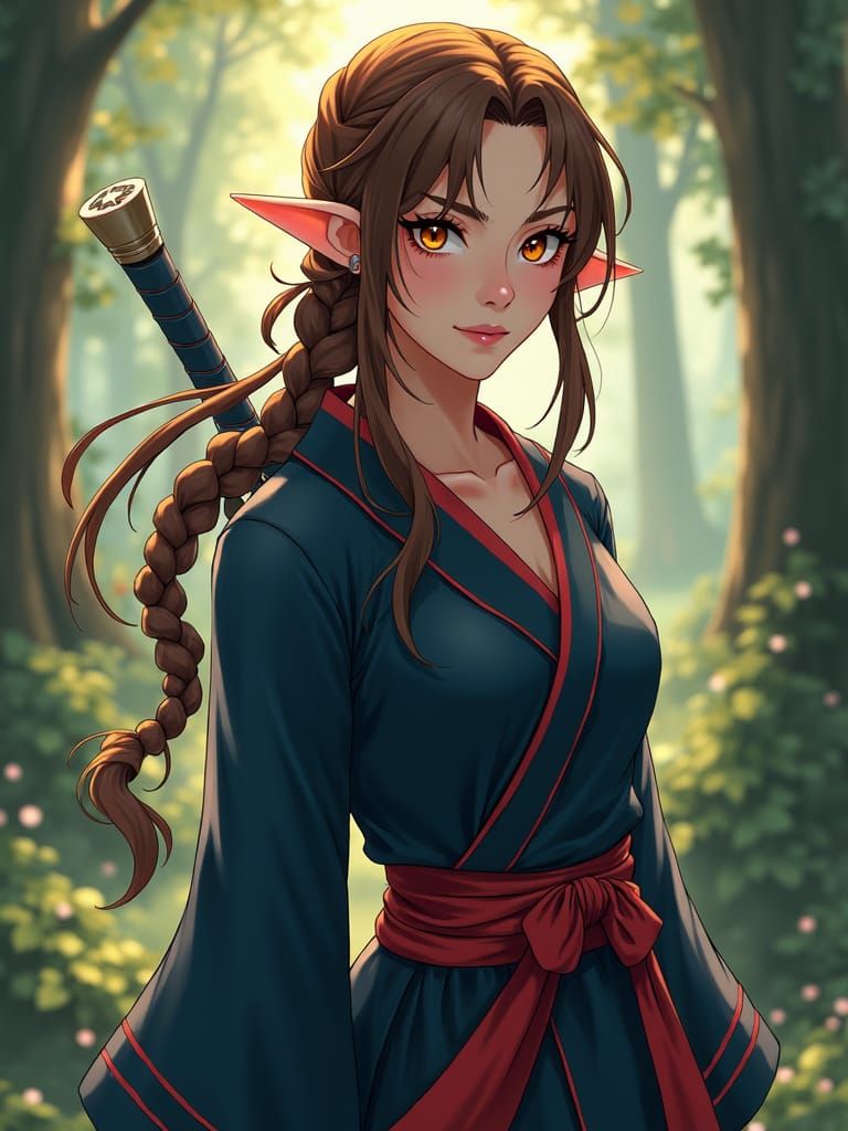 Elven Ninja in Forest, Anime Style