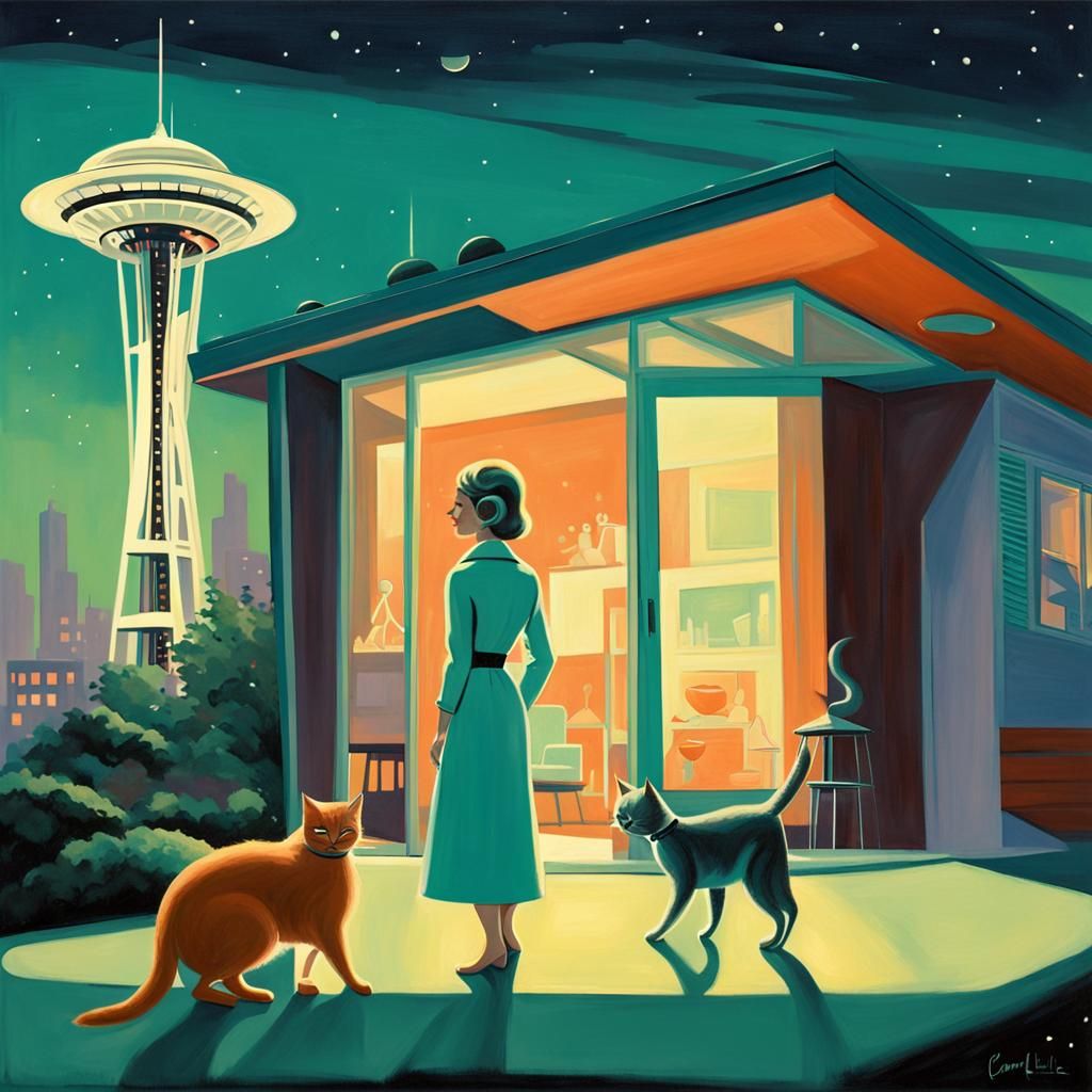 Retro-Futuristic Woman and Cat in Atomic Age Art