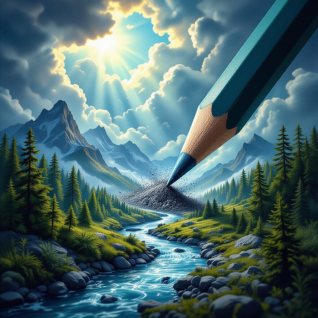 Pencil Tip Transforms Into Surreal Hyperrealistic Landscape