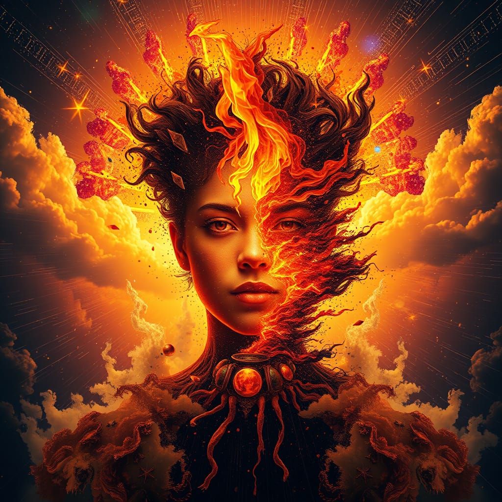 Glitched Fire Elemental Portrait in Surreal Astral Explosion