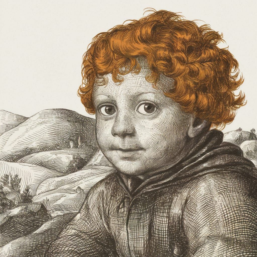 Curious Ginger Boy in Charcoal Crosshatching