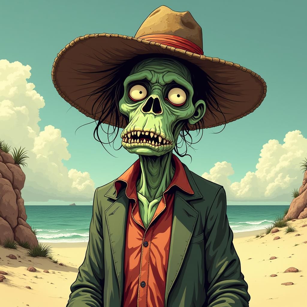 Zombie Caricature on Tropical Island, Burton-esque Illustrat...