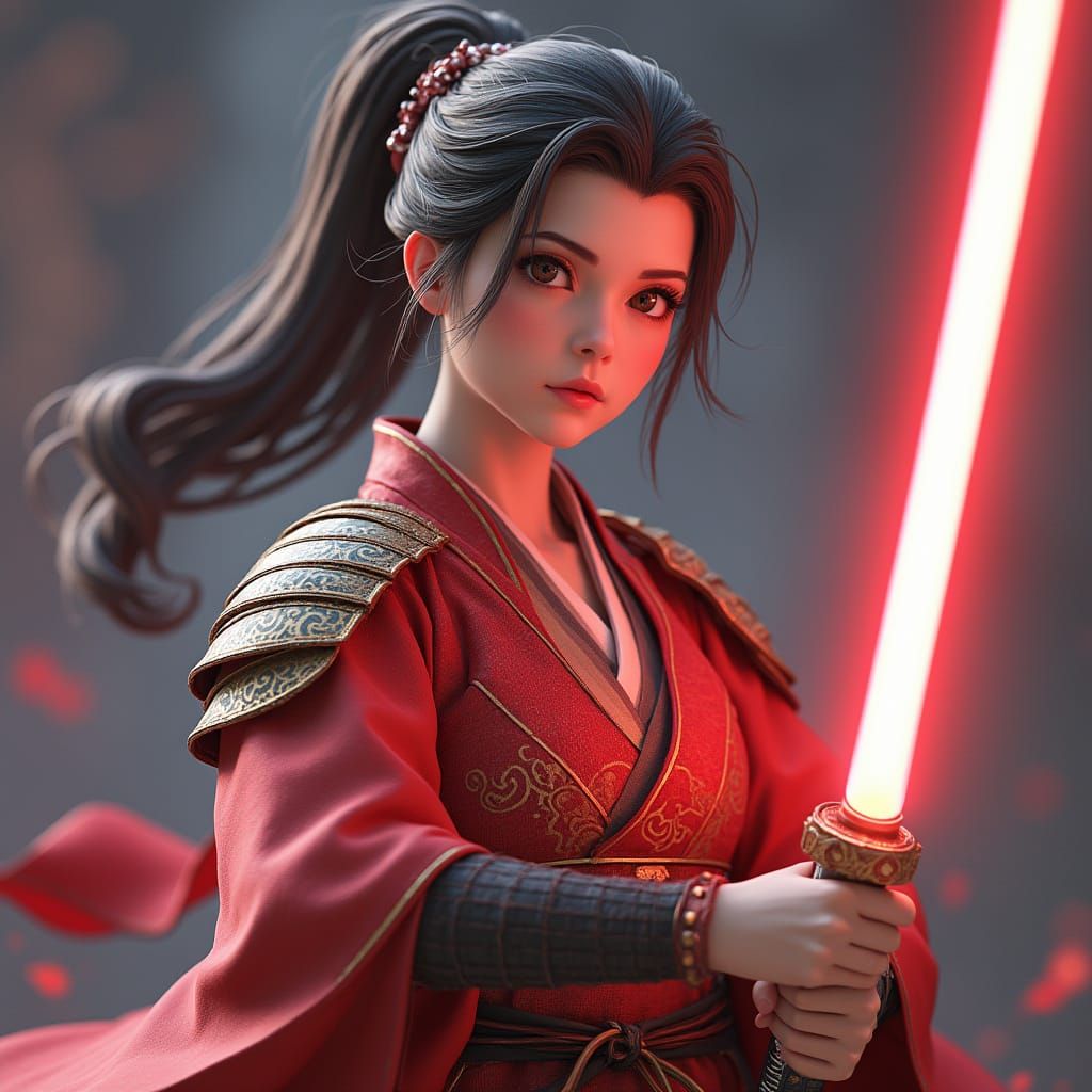 Warrior Princess Leia in Samurai Armor with Katana Lightsabe...