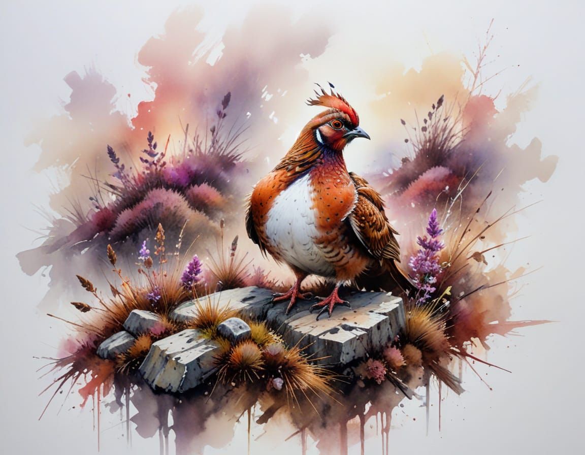 Moorland Dawn: Grouse on Wall in Earthy Watercolour