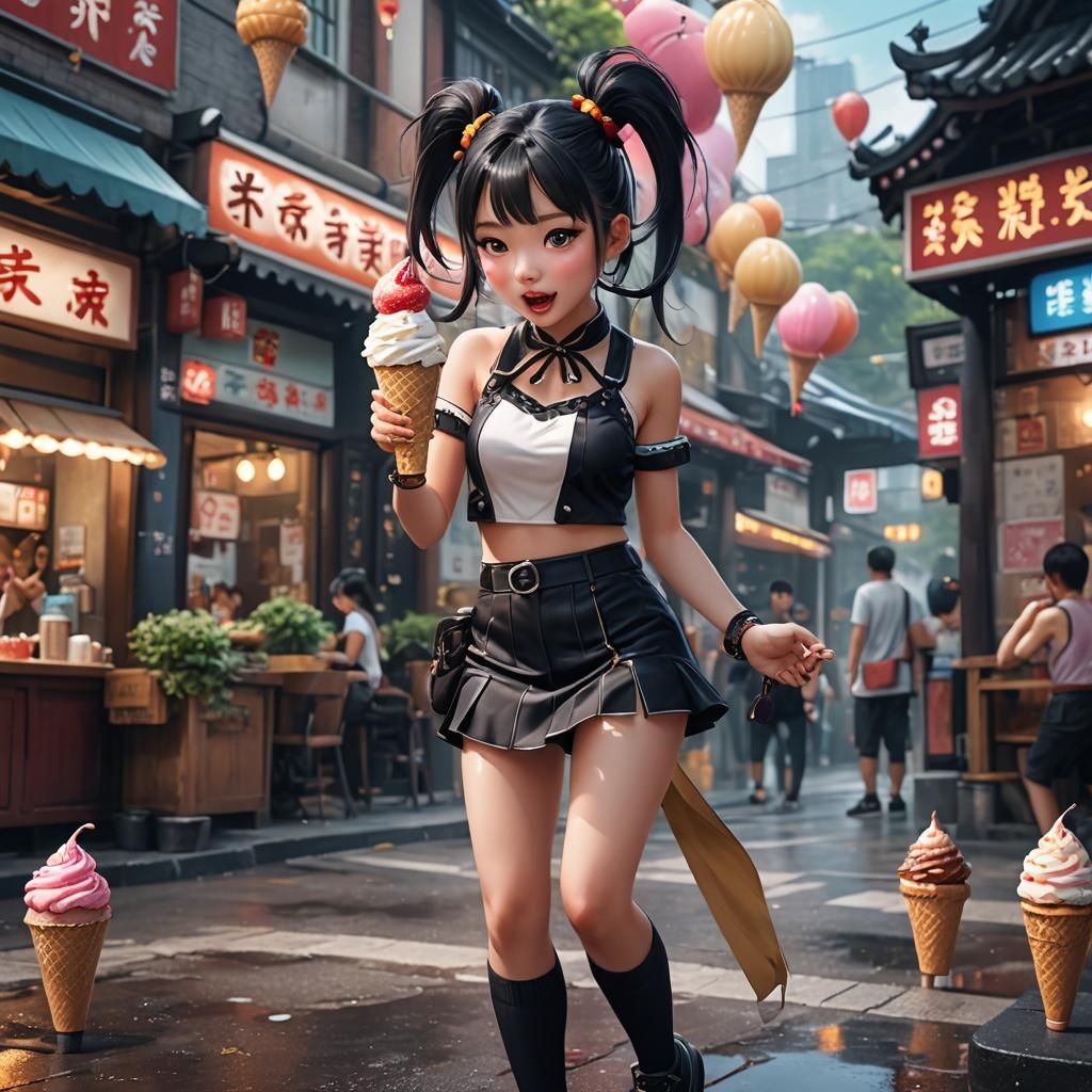 Young Girl Licking Ice Cream Cone: Fantasy Concept Art