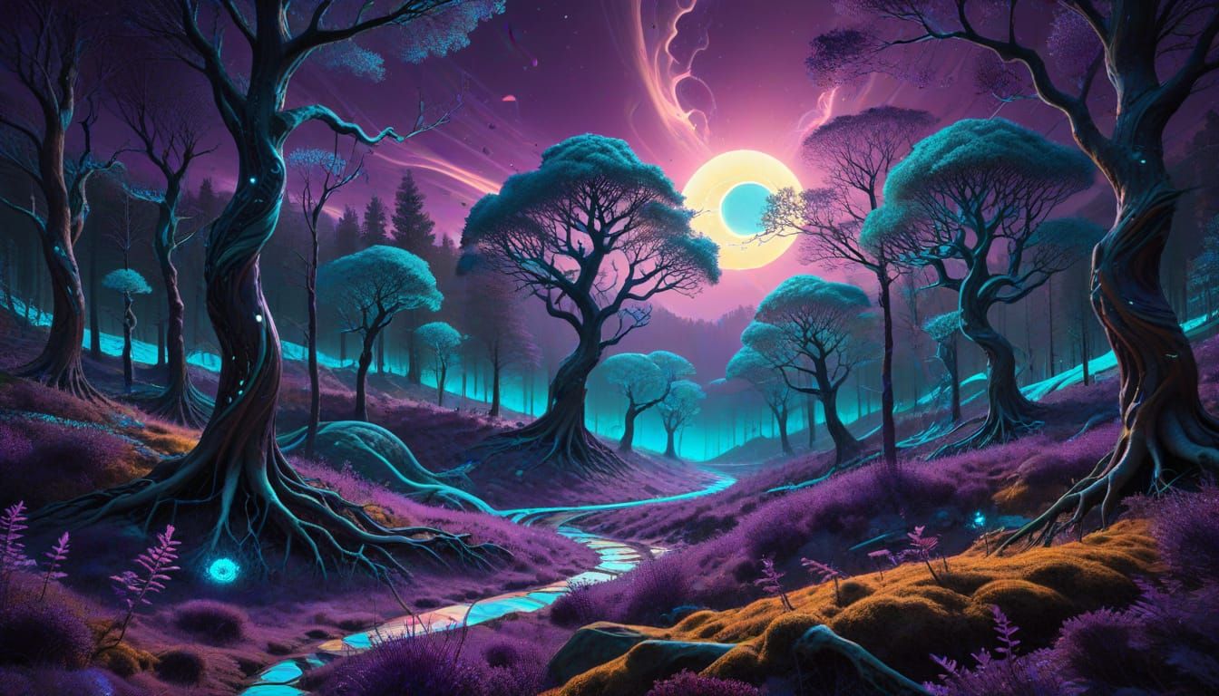 Cybernetic Forestscape in Vibrant Spectral Hues