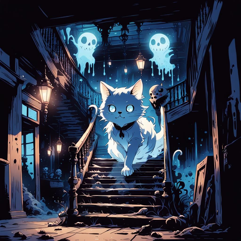 Eerie Ghost Cat Descends in Anime Comic Style