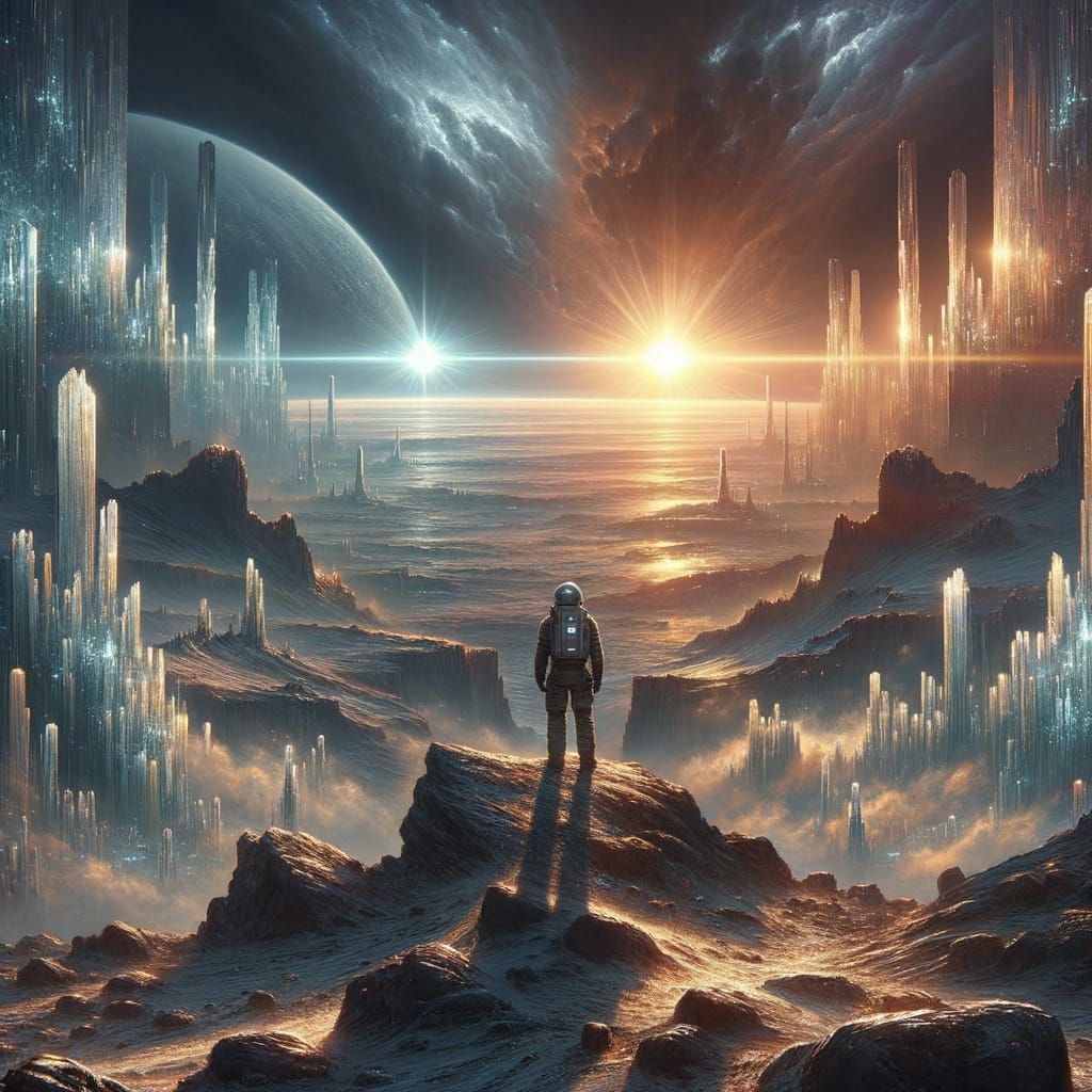 Astronaut on Alien Planet with Binary Sunset