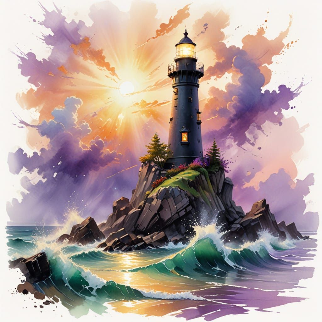 Obsidian Lighthouse on Bronze Sands at Violet Dusk