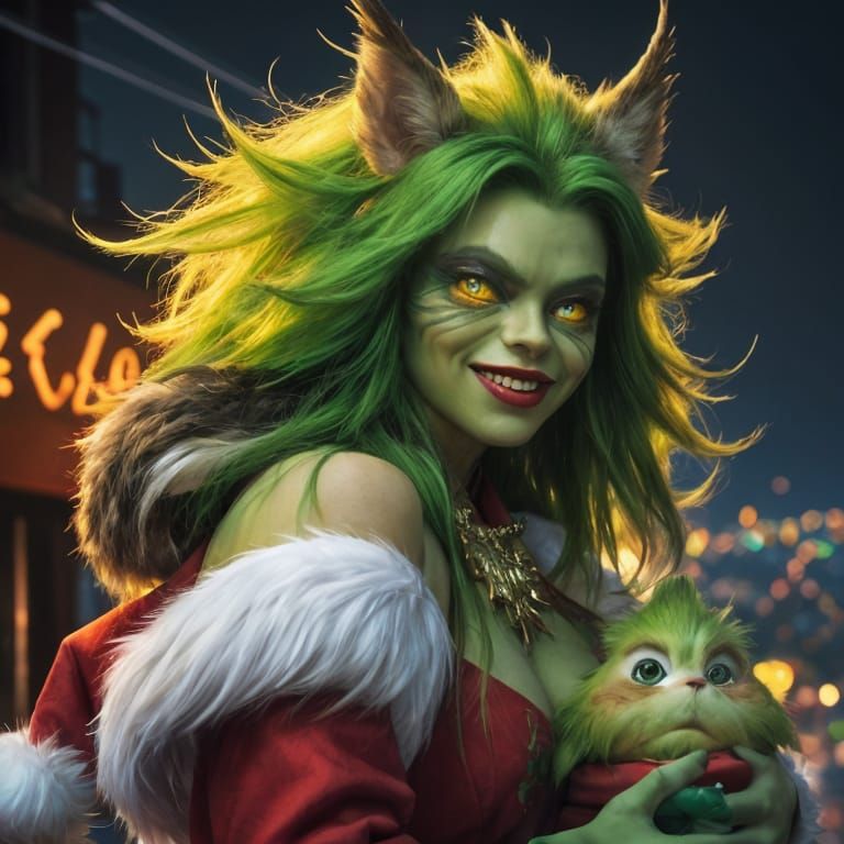 Whimsical Christmas Grinch with Lush Green Fur and Vibrant H...