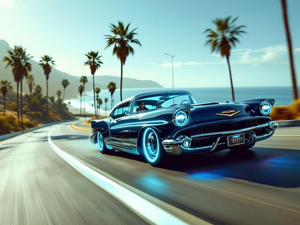 Futuristic Electric 1957 Chevy Bel Air on Highway