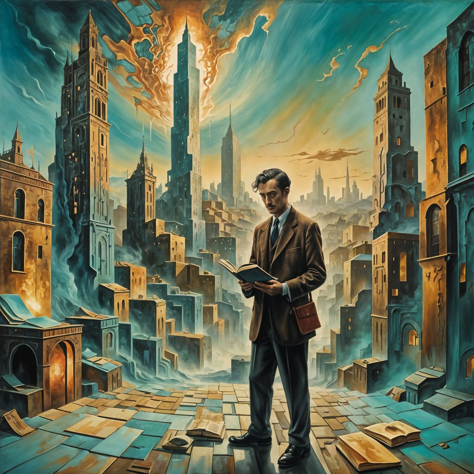 Surreal Book Holder in Melting Cityscape