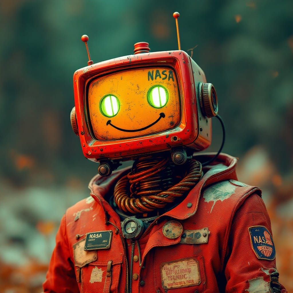 Vintage Industrial Robot in Retro-Futuristic Scene