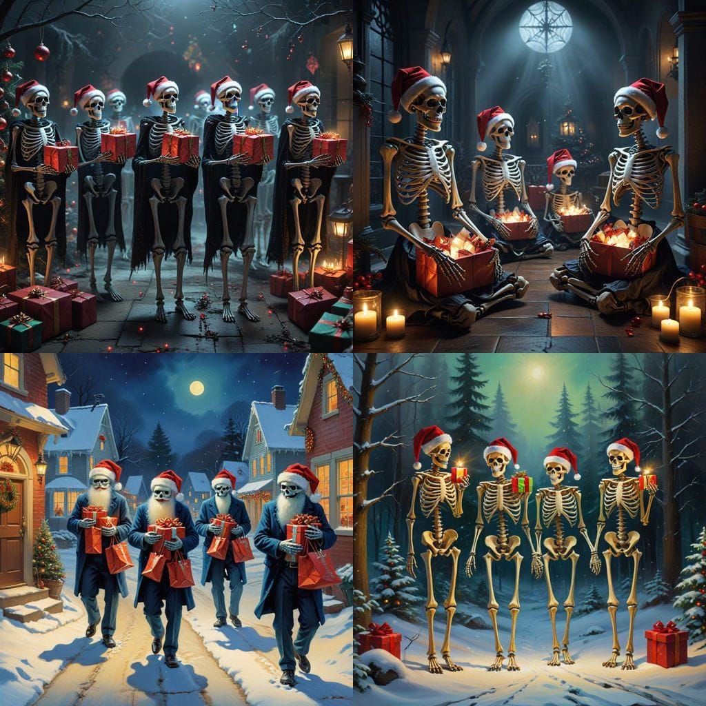 Skeletons dressed up for Singing Christmas Carol's with Sant...