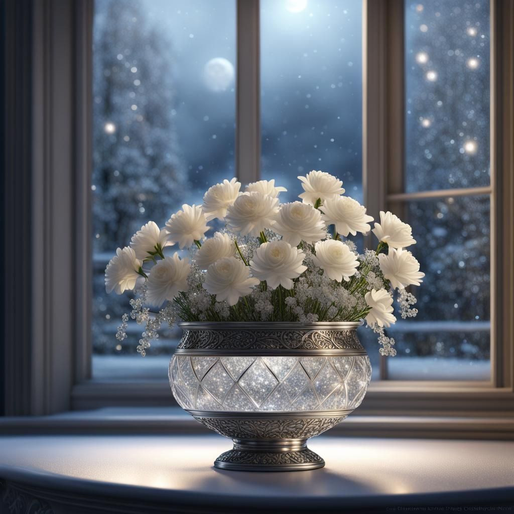 Moonlit Snow Scene with White Flowers in Crystal Vase