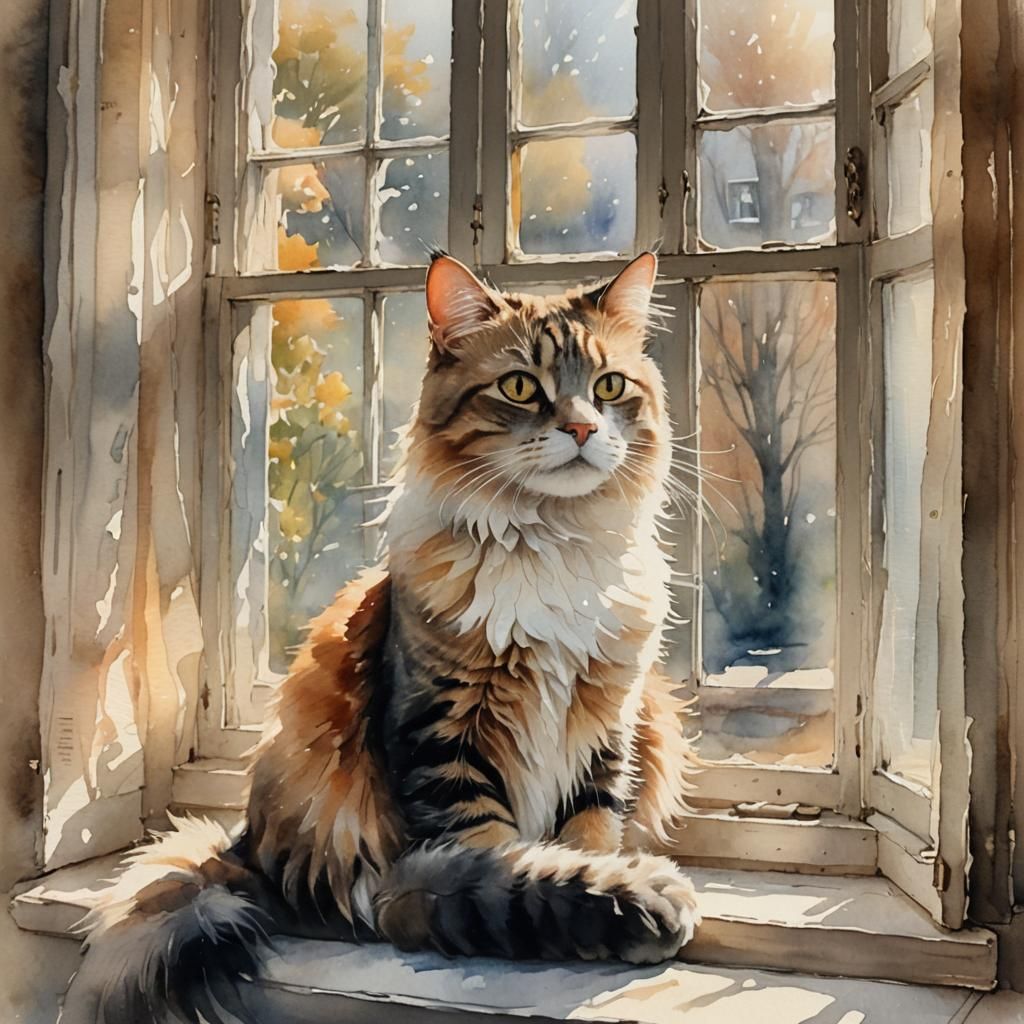 Cat Gazing Out Window: Watercolor Painting