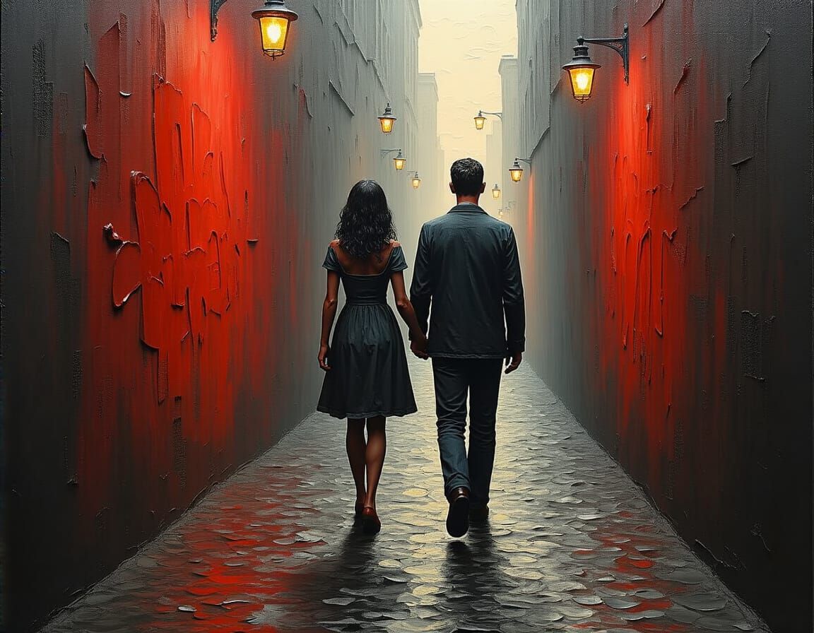 fire red film noir alley ridiculously thick impasto rich 3D ...