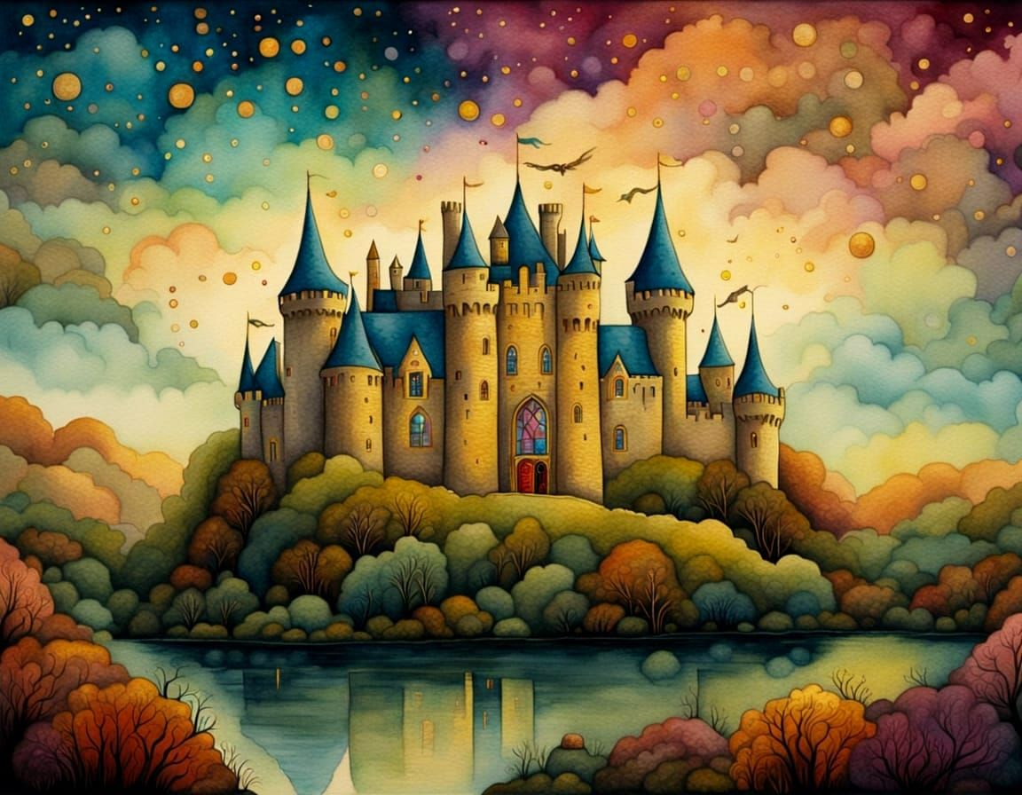 Quirky Watercolour English Castle in Fantasy Landscape