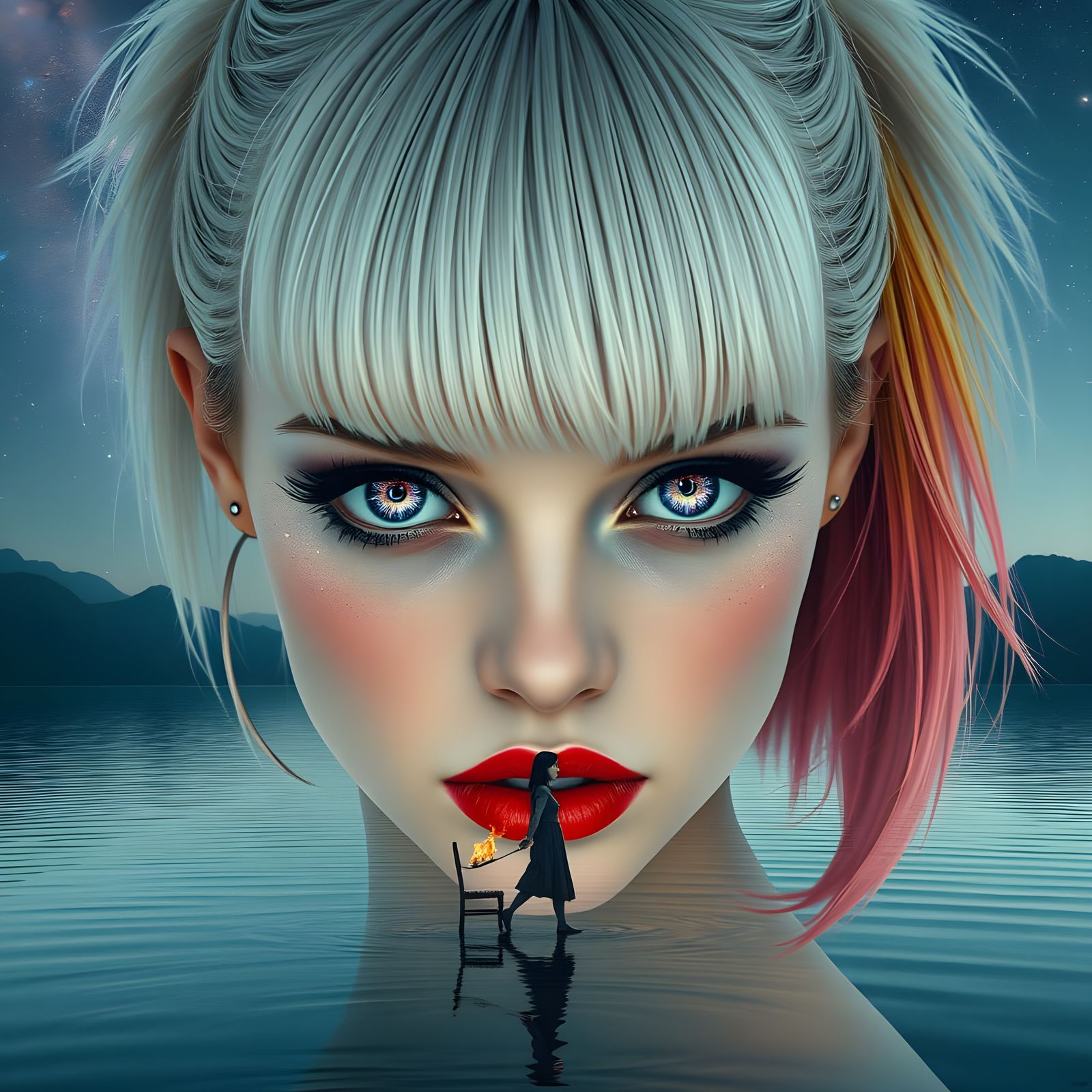 Mystical Girl with Burning Chair in Lake