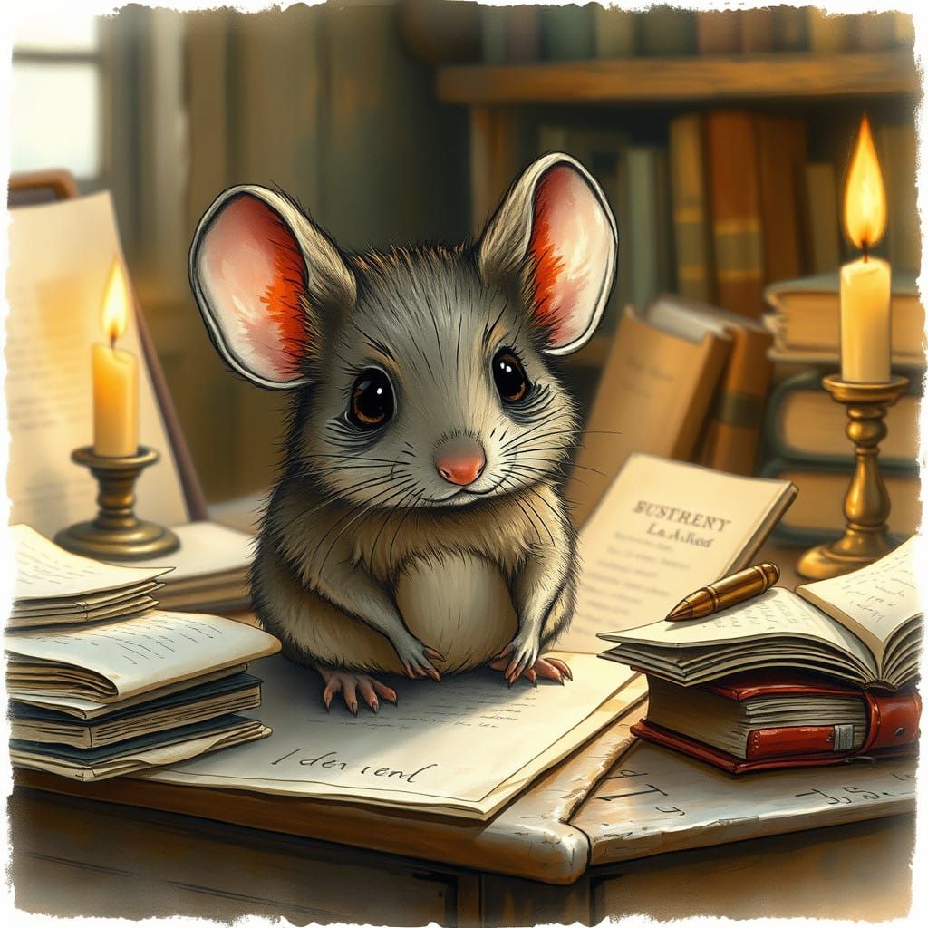 Mouse in Intimate Study Setting, in Whimsical Watercolor Sty...