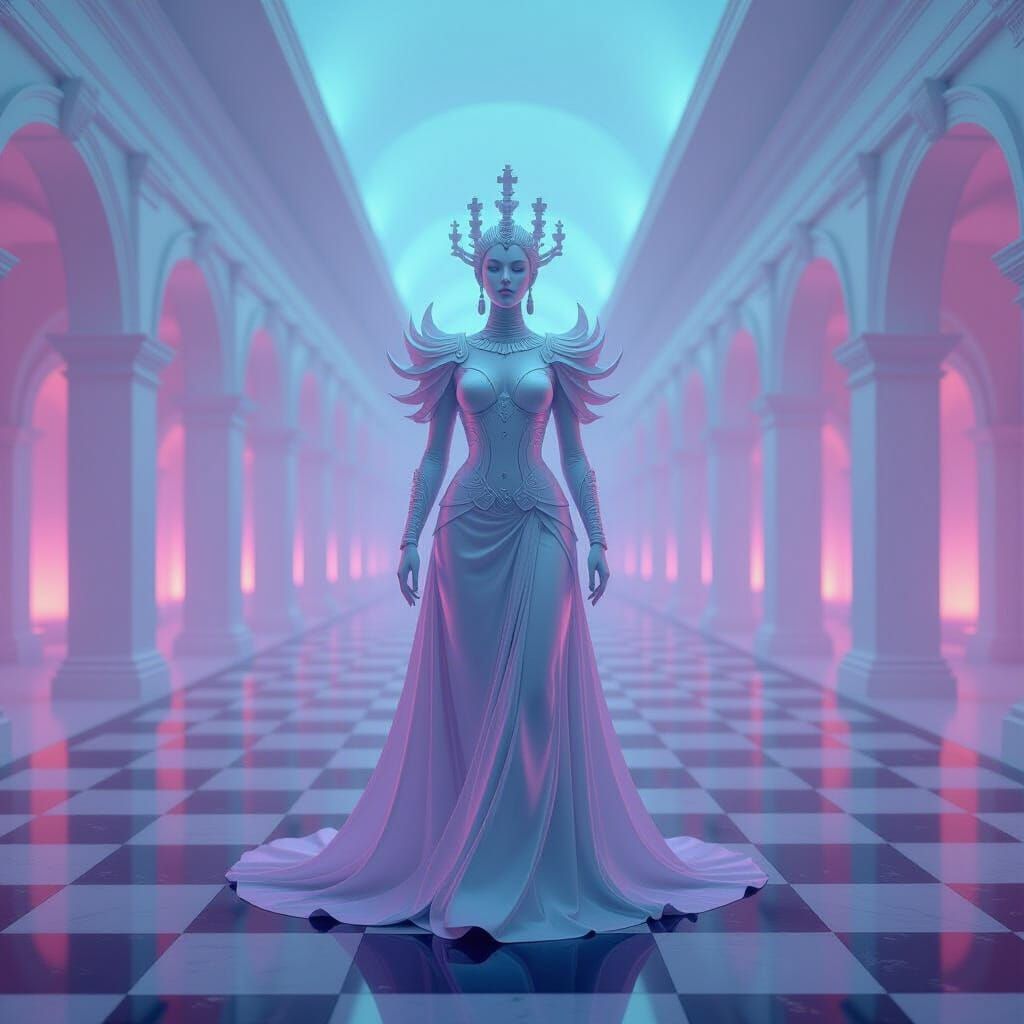 Vaporwave Chess Goddess in Liminal Atrium