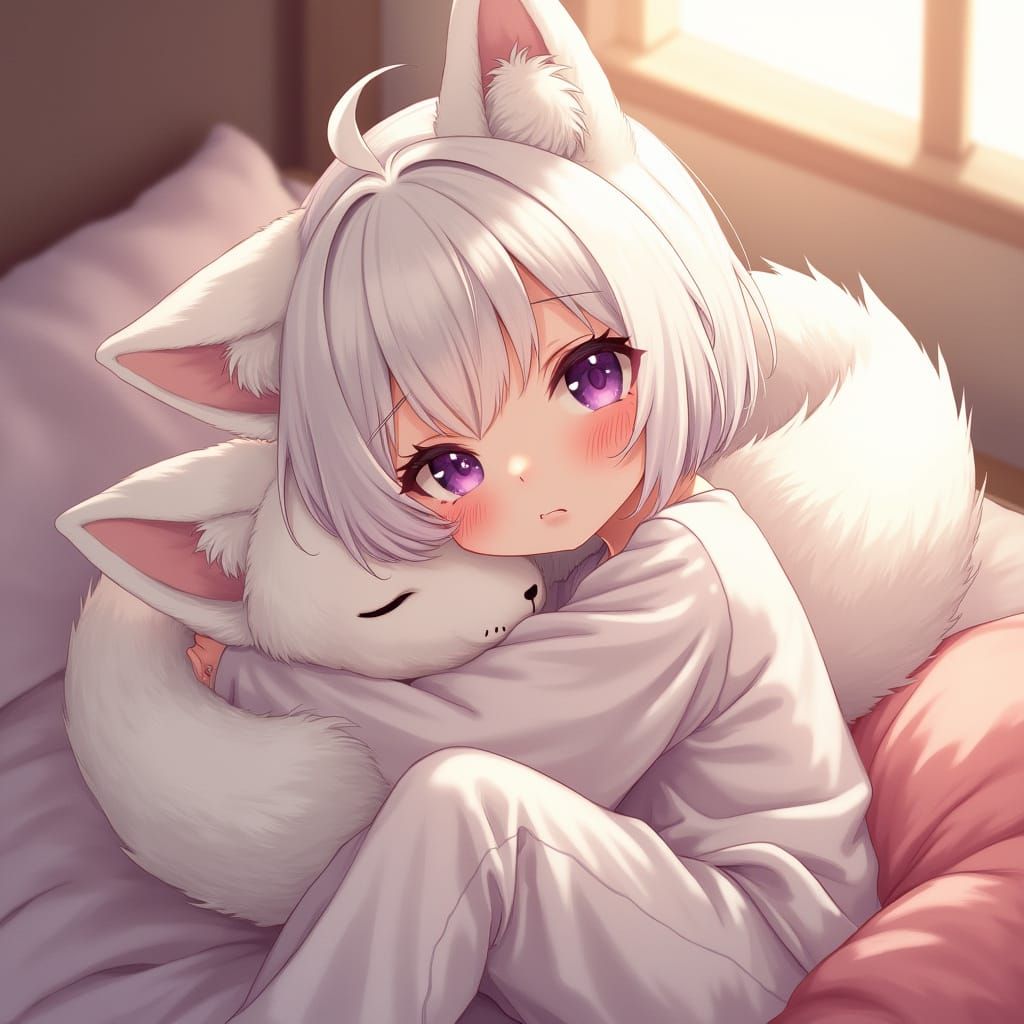 Delicate Watercolor Portrait of a Fox Girl in a Cozy Bedroom
