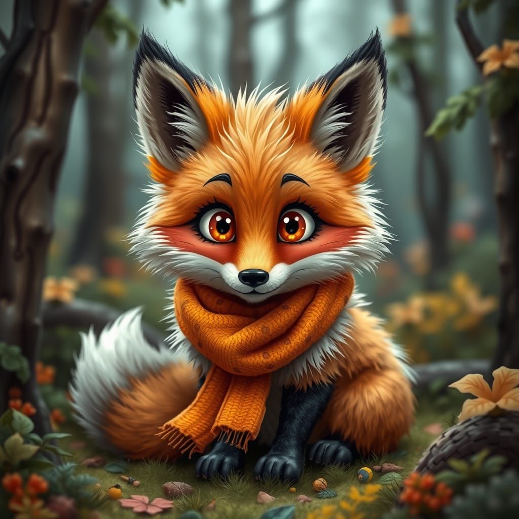 Hyperrealistic Cartoon Fox in Detailed Forest