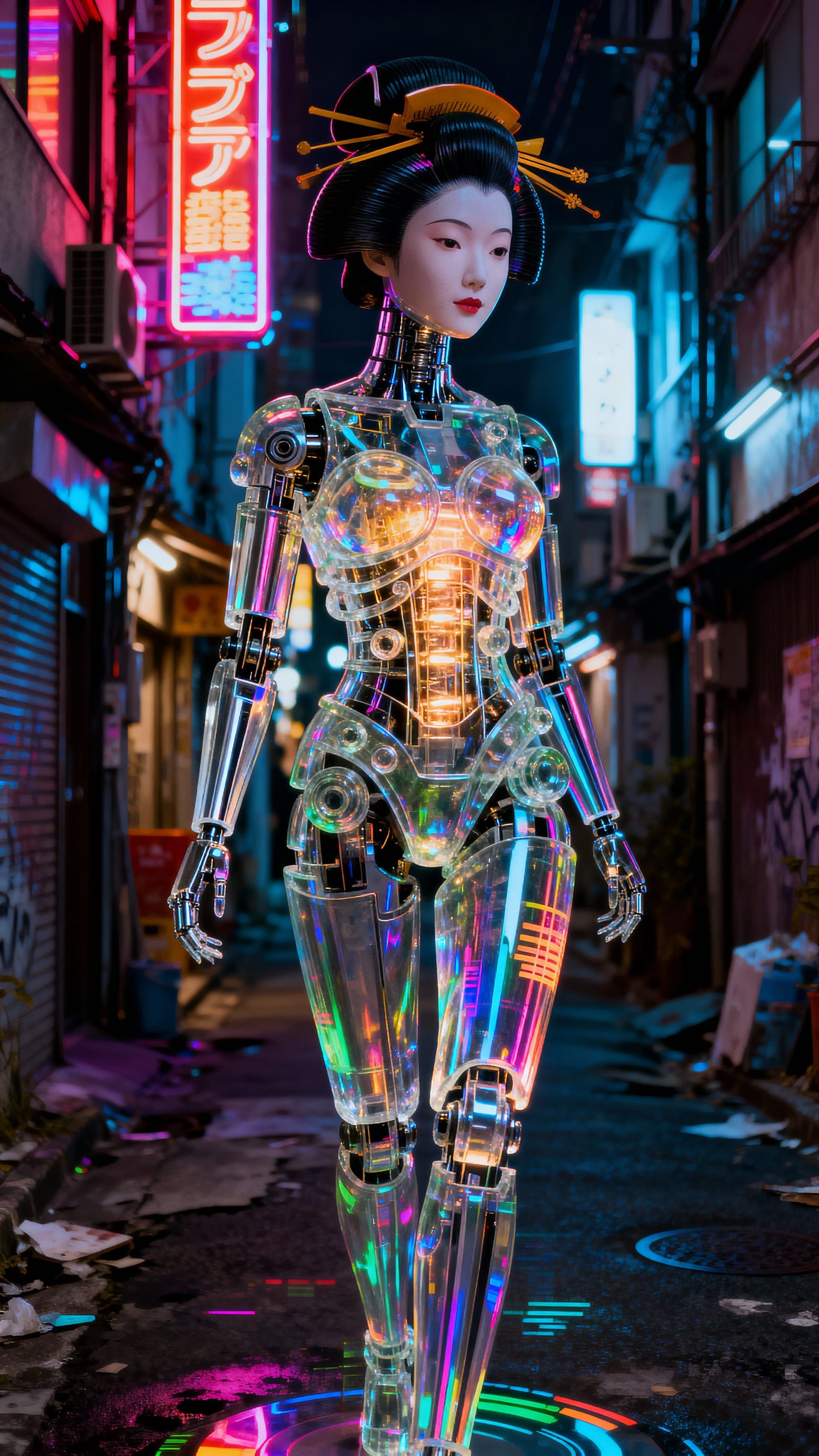Glass Geisha Cyborg in Neon Tokyo Alleyway