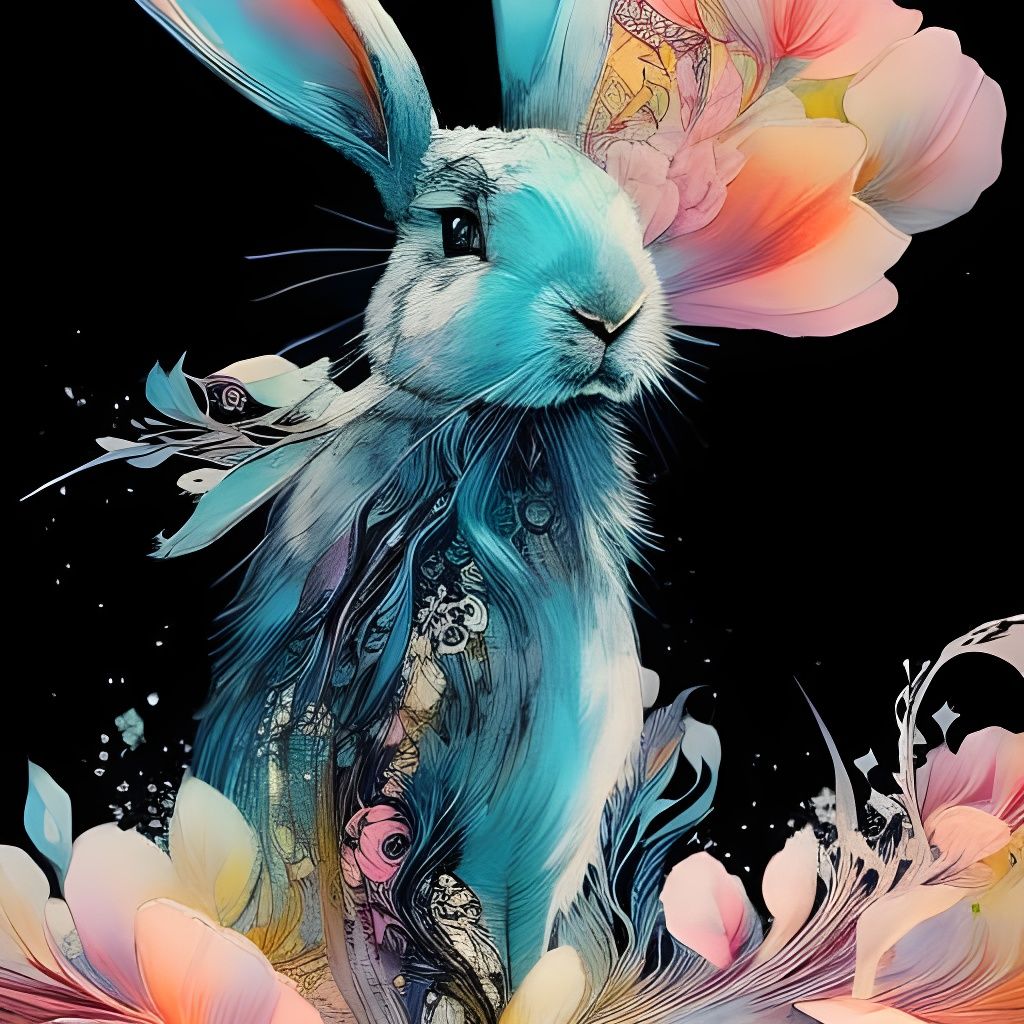 Floral Bunny in Ink Flow Art Style