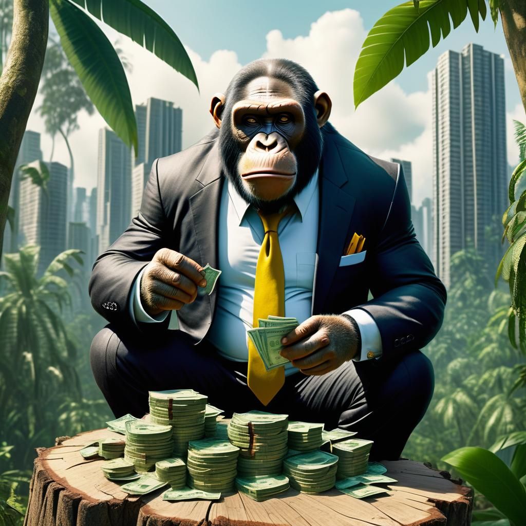 fat, bald ape counting his money in the jungle on a tree stump, gangster ape in a suit / in the background, tropical jun...