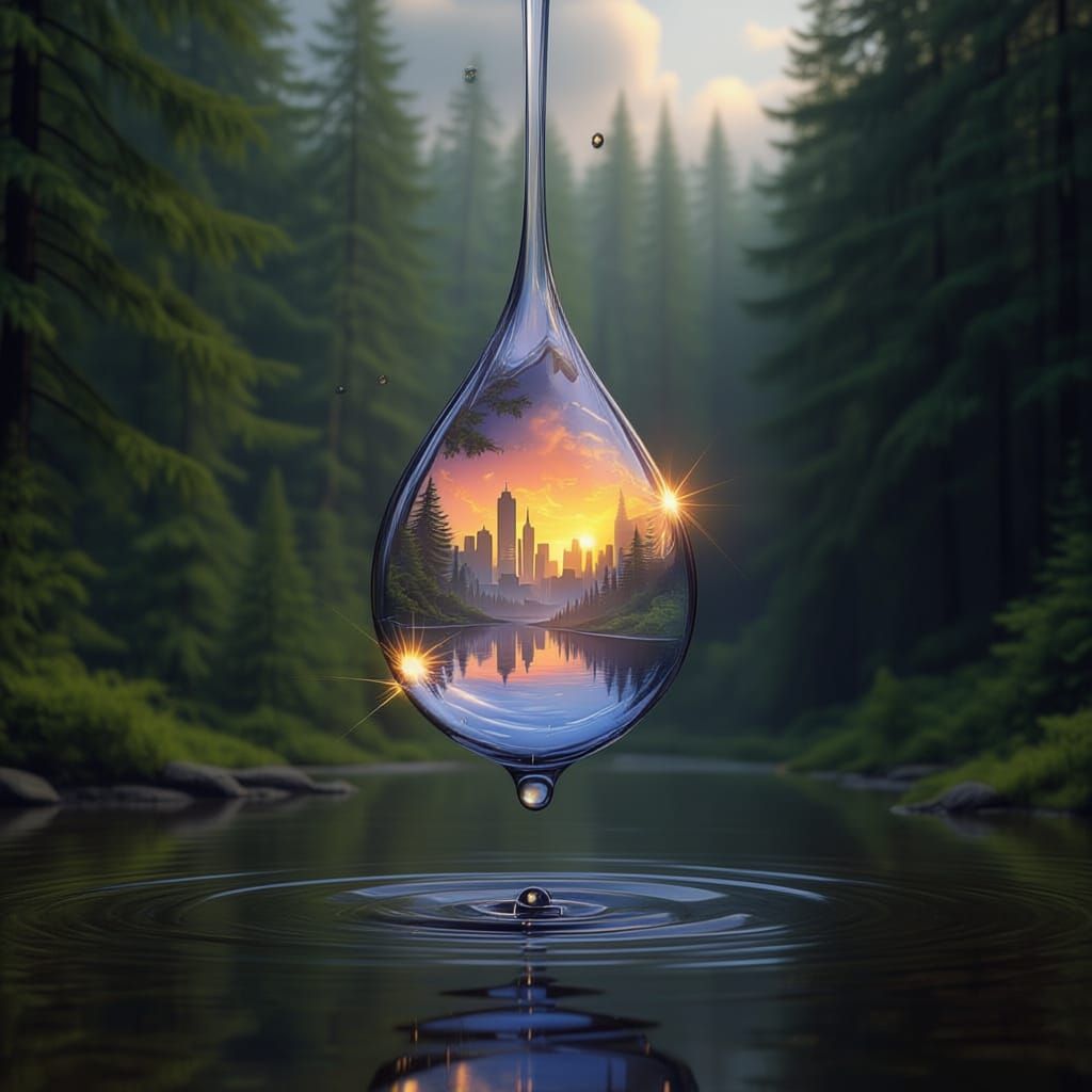 Water Drop Reflects City and Forest in Dark Fantasy Style