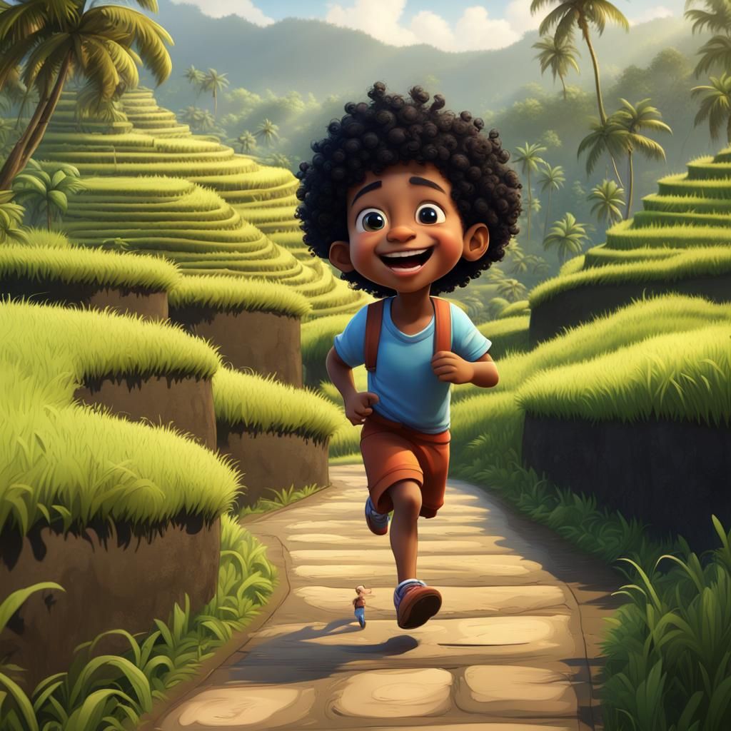 Pixar-Style Children Running Through Rice Terraces