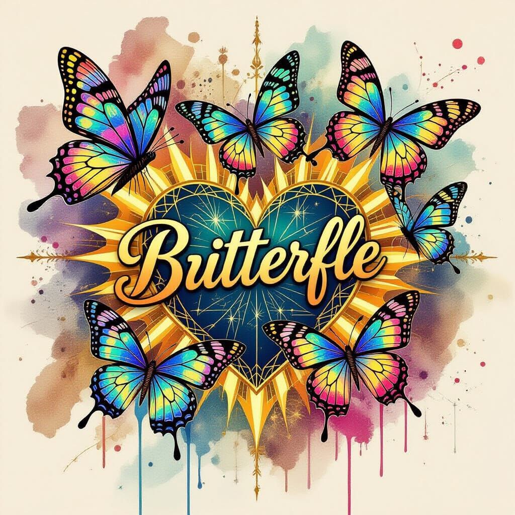 Iridescent Butterflies Around Golden Heart, Watercolor Ink S...