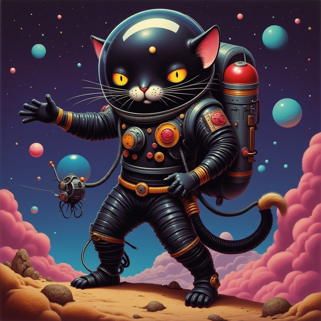 Heroic Cyberpunk Cat in Zero-Gravity Cosmonaut Suit