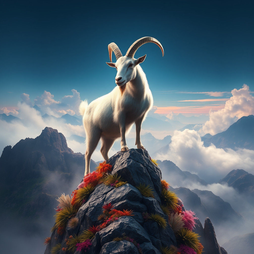 Iridescent Goat in Mystical Fantasy Landscape