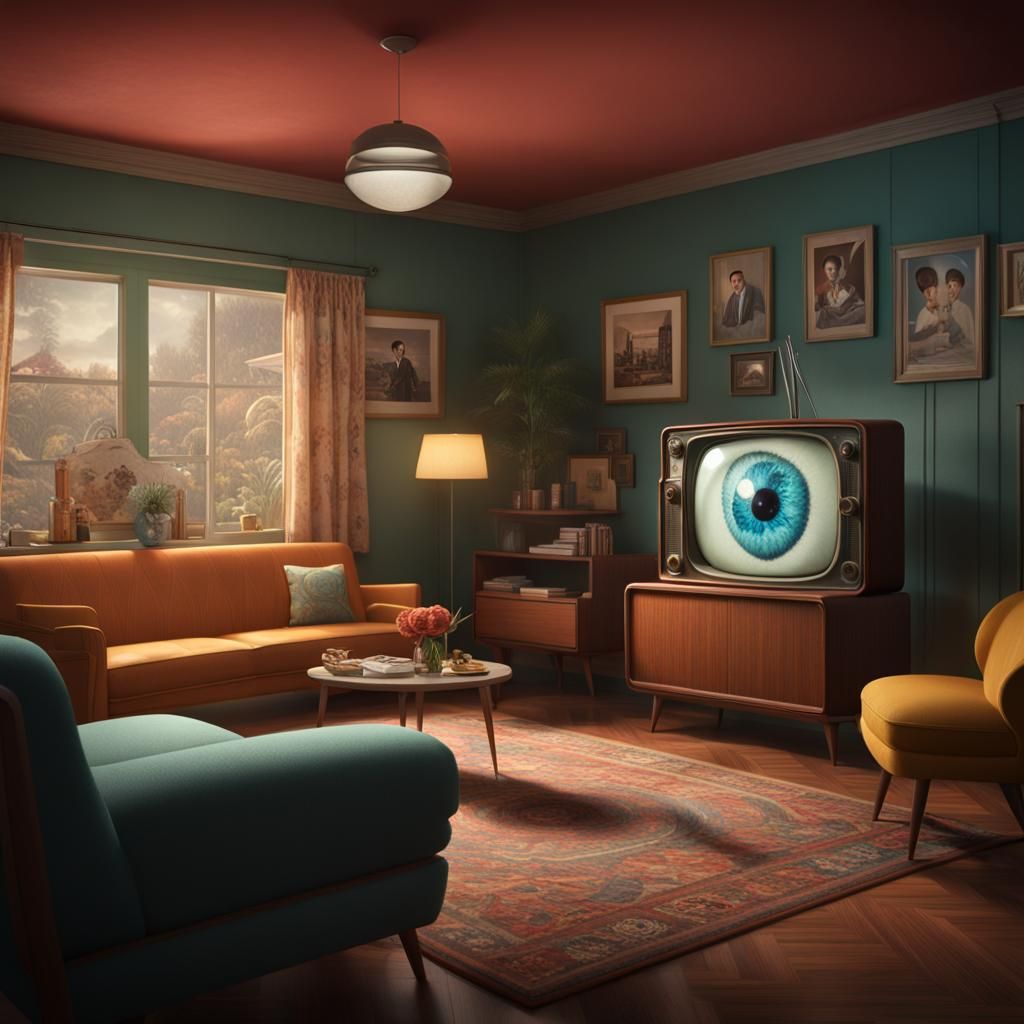 Retro 50s Living Room with Surreal TV Eyeball