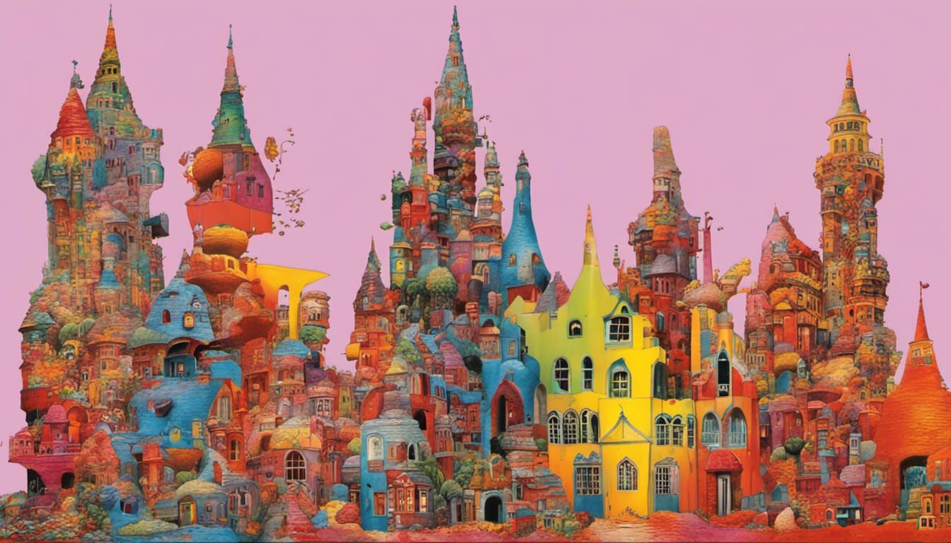 Candy Fortress; Vibrant Melted Skittles, in Surreal Pop Art, [whimsical; candy-coated; dreamlike; sugary; vibrant;]by Ja...