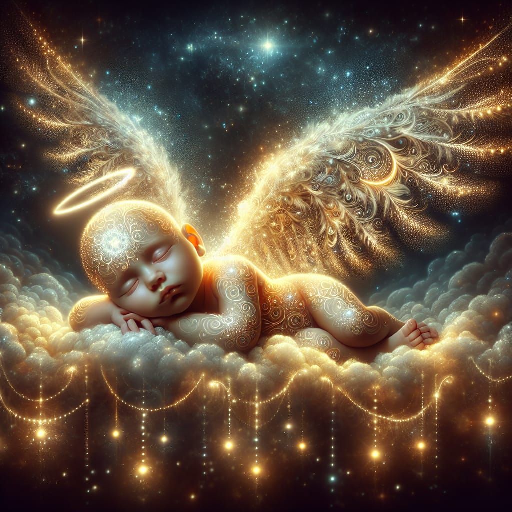 Luminous Baby Angel Resting on Glowing Clouds