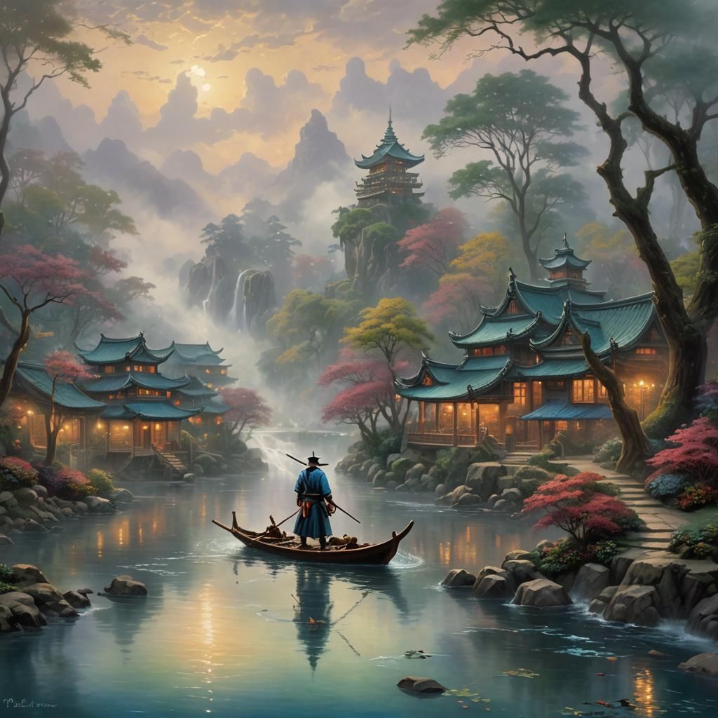 Mystic River Asian Swordsman in Ethereal Fantasy Style