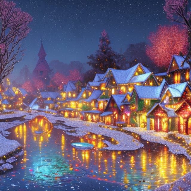 Festive Village Aglow with Christmas Lights
