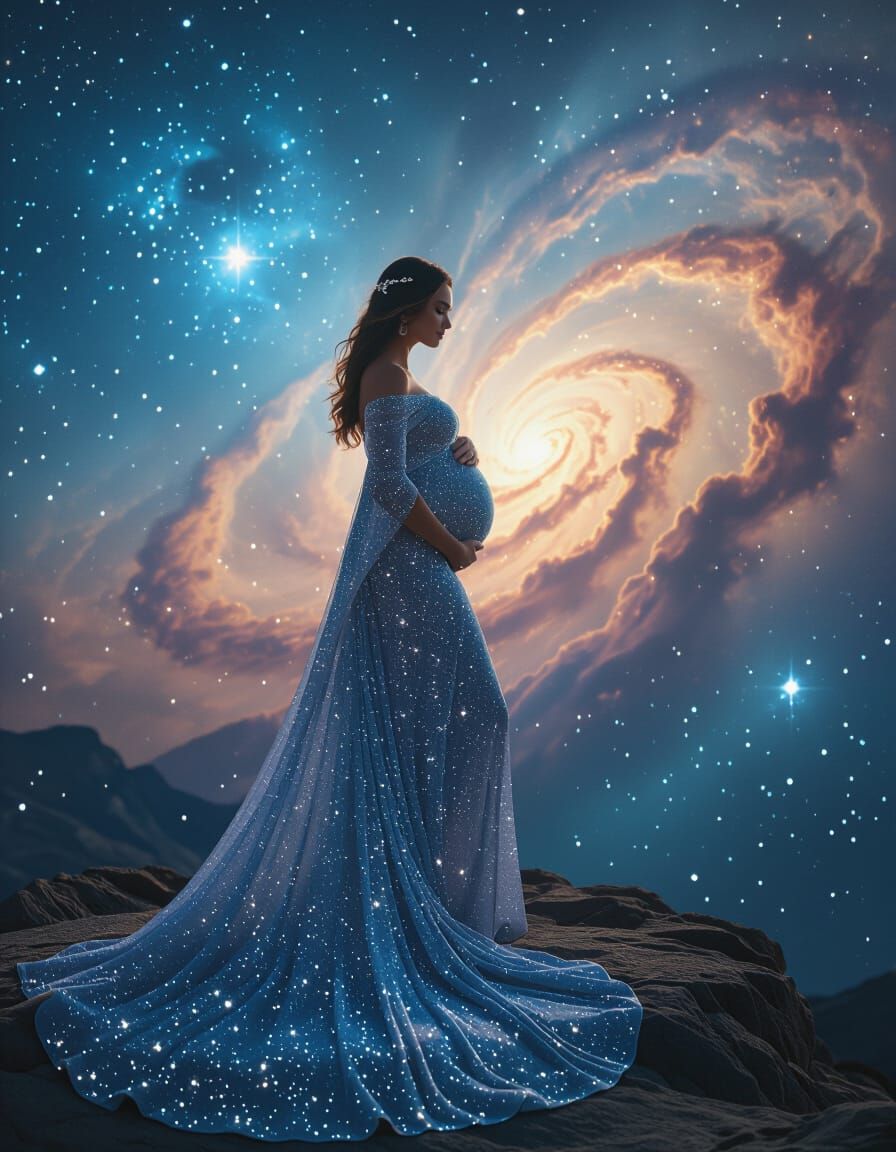 Pregnant Woman in Starlight Gown Overlooking Nebula