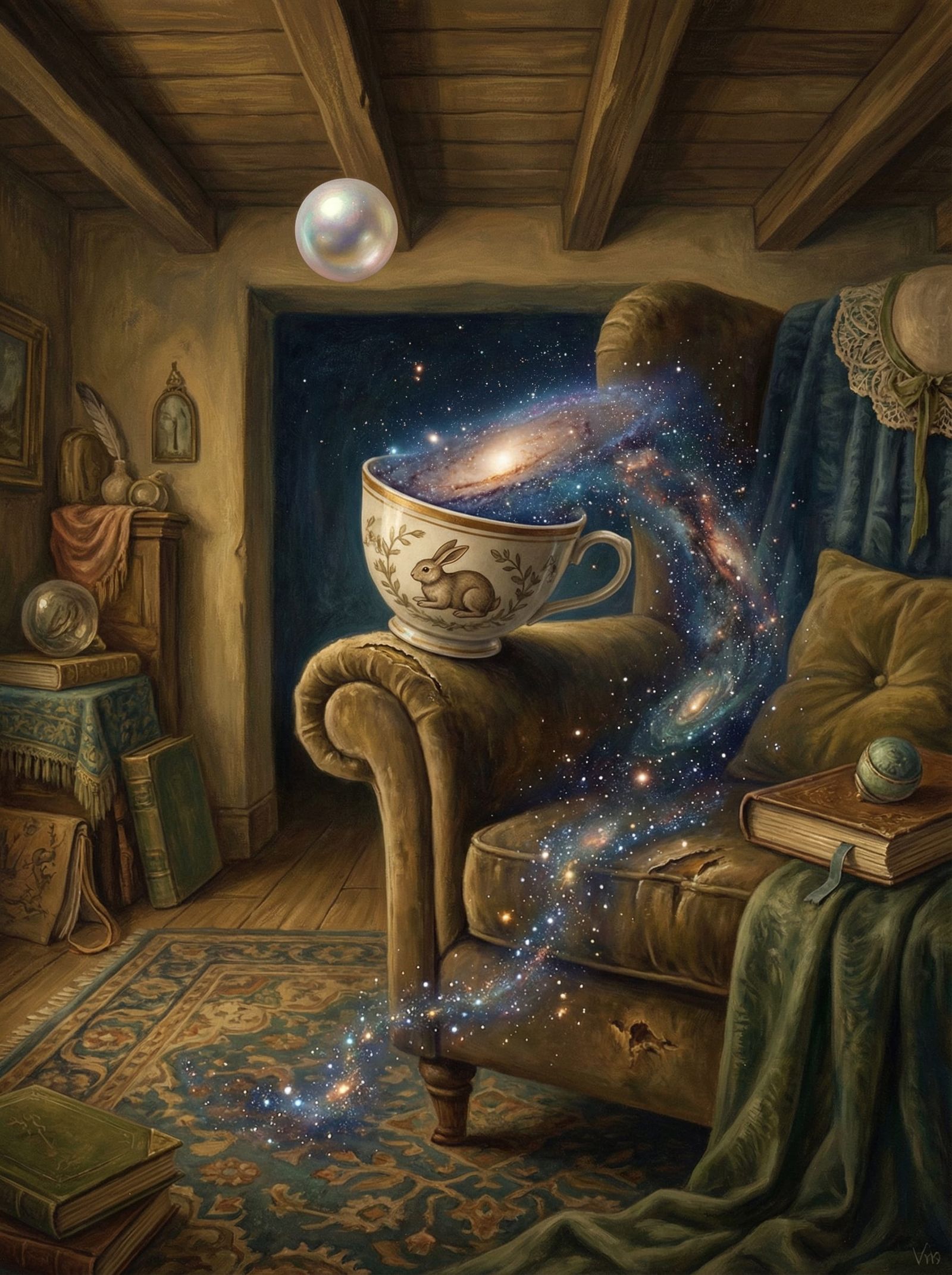 Galaxy Overflowing From Teacup on Armchair